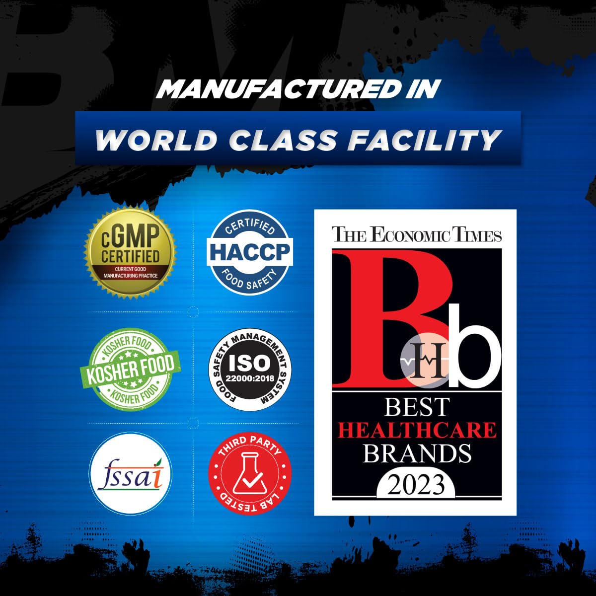 Logos and certification badges on a blue background with text about a world-class facility and healthcare brand recognition.