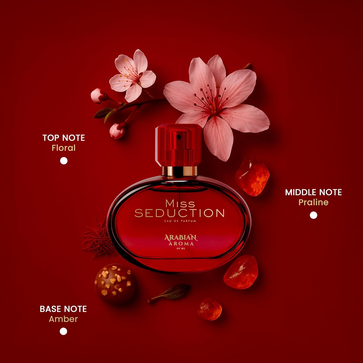 Red perfume bottle labeled 'Miss Seduction' with floral elements on a red background