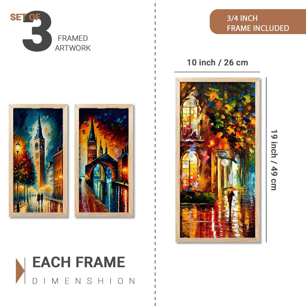 City View Decorative Modern Wall Art Print With Frame Abstract Paintings For Living Room Bed Room Hotel Wall Decor Digital Reprint Engineered Wood Set of 3 (Art 5, 10x19 inch)