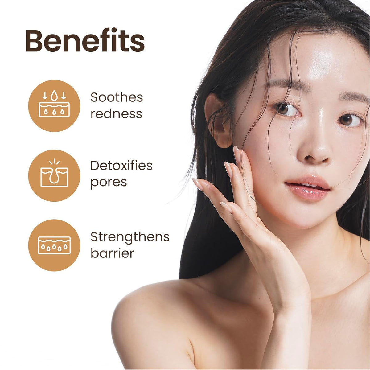 Woman touching her face with text on benefits of skincare product
