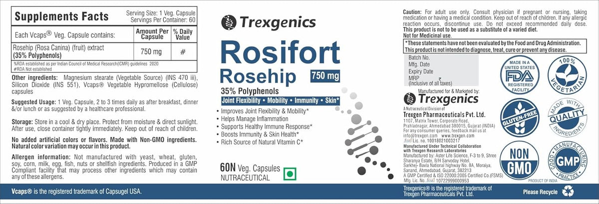 Rosifort Rosehip supplement label by Trexgenics with various certification logos on a white background.