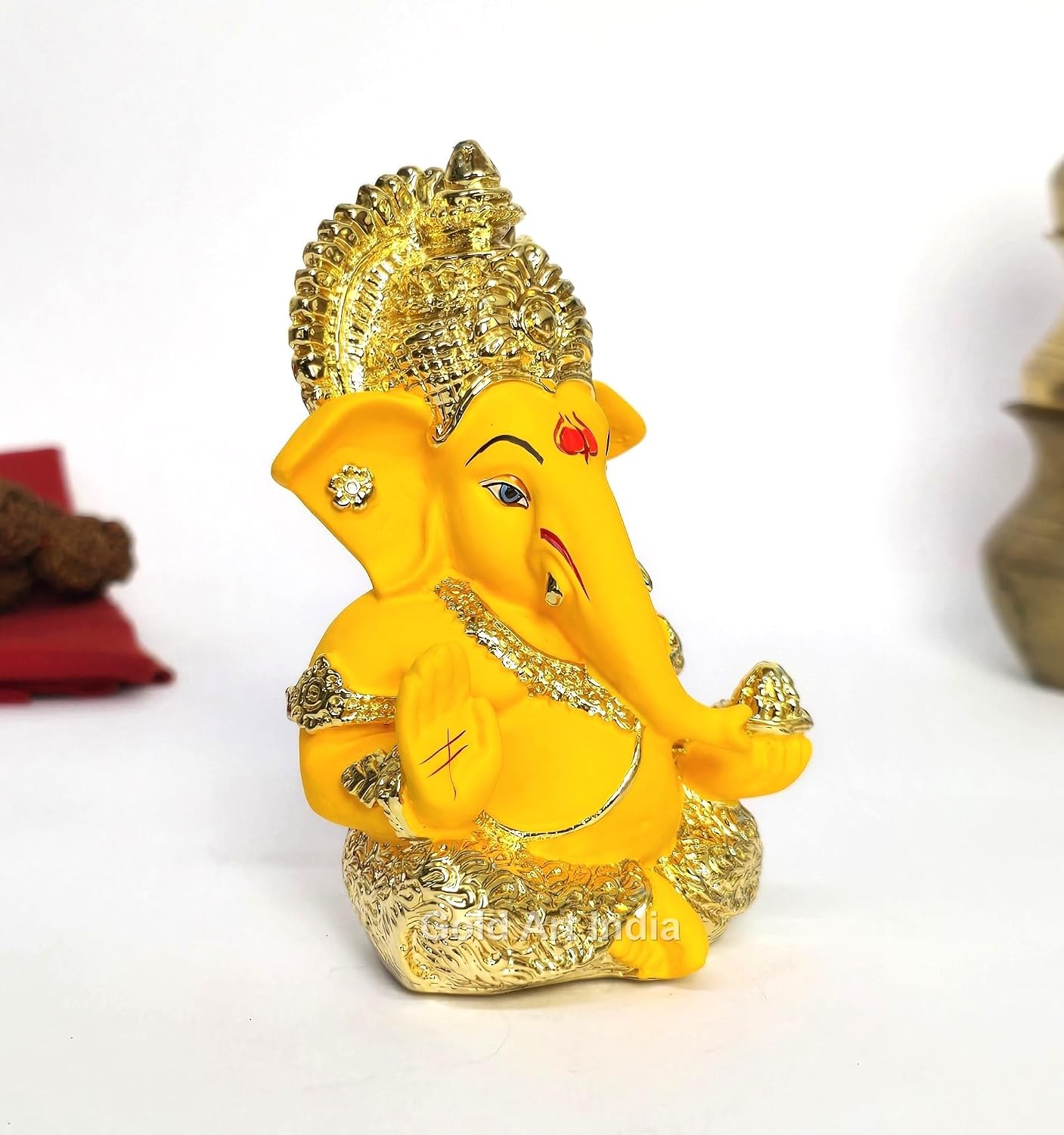 Gold Art India Gold Plated Ganesha with Mango Terracotta Work - 3.5 Inch Height for Home Decor/Office Desk/Car Dashboard (MukutMangoGold)