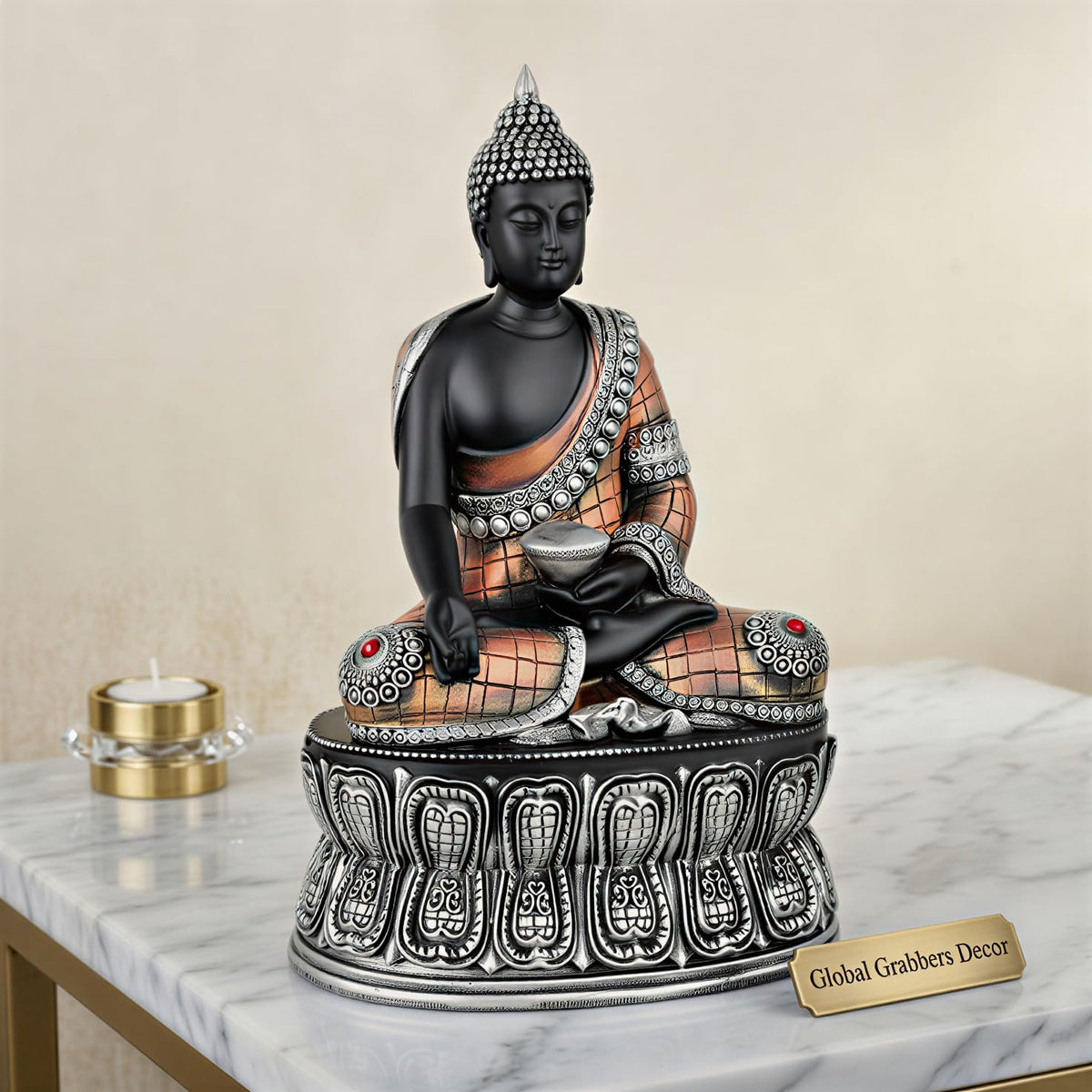 Buddha Statue Showpiece Idol Home Decor Items for Living Room and Gifts (Silver Black Copper)