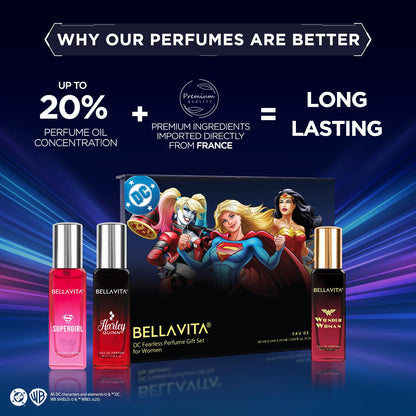 BellaVita DC Fearless Perfume Gift Set with superhero-themed packaging on a blue and purple gradient background.
