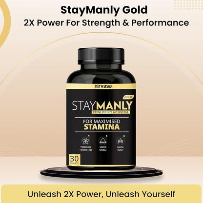 Nirvasa StayManly Gold Tablets (30 Tabs) | Ayurvedic Strength, Stamina & Performance Booster | Boosts Energy, Endurance & Vitality | Tribulus Terrestris, Ashwagandha, Safed Musli & Shilajit