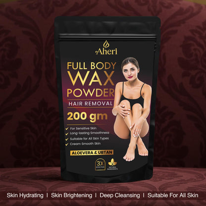 Aheri Full Body Wax Powder packaging with a woman on a dark background