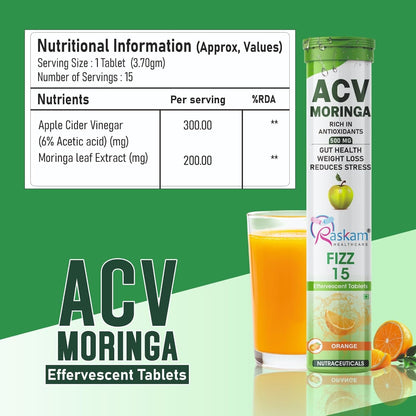ACV Moringa Antioxidant Effervescent Tablets | Fizz 15 Effervescent Tablets (Pack of 1) |Orange Flavour, 500mg | Natural Liver Detox and Gut Health