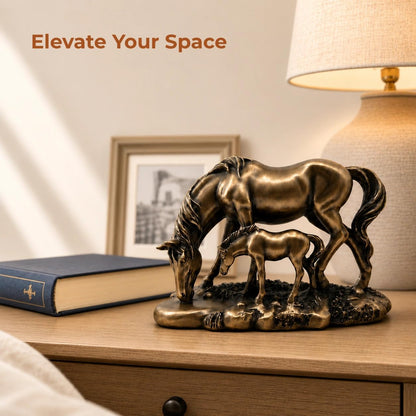 Graceful Mare & Foal Horse Sculpture Showpiece for Home & Office Décor | Nature-Inspired Decorative Figurine for Living Room, Study, Shelf & Console Table Styling - Bronze