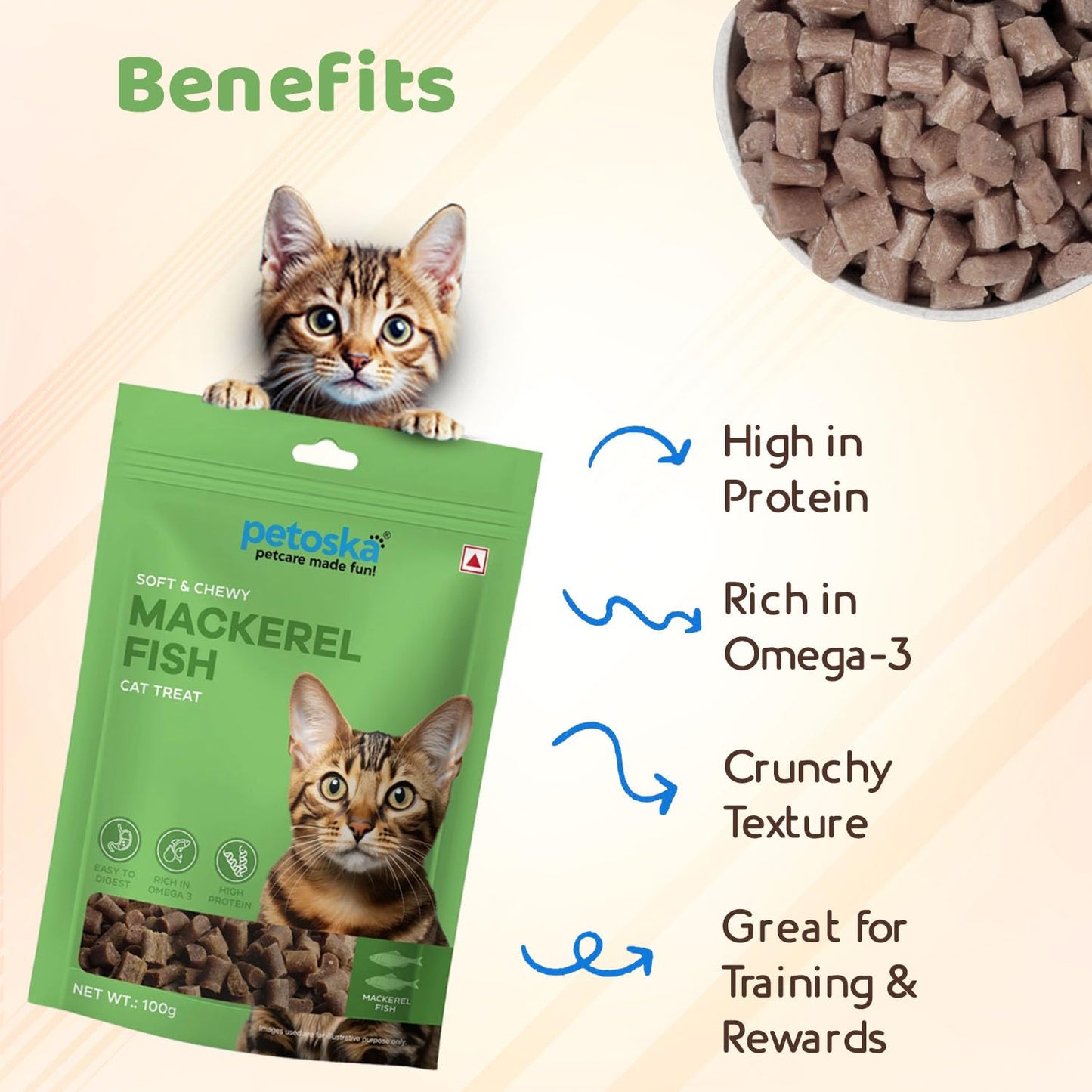 Petoska Mackerel Fish Cat Treats - 100g | Air-Dried Ocean-Caught Mackerel Bites with Taurine & Omega-3 | Chewy Snack to Support Heart, Shiny Coat & Joints | Kittens & Adult Cats