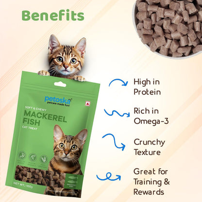 Petoska Mackerel Fish Cat Treats - 100g | Air-Dried Ocean-Caught Mackerel Bites with Taurine & Omega-3 | Chewy Snack to Support Heart, Shiny Coat & Joints | Kittens & Adult Cats