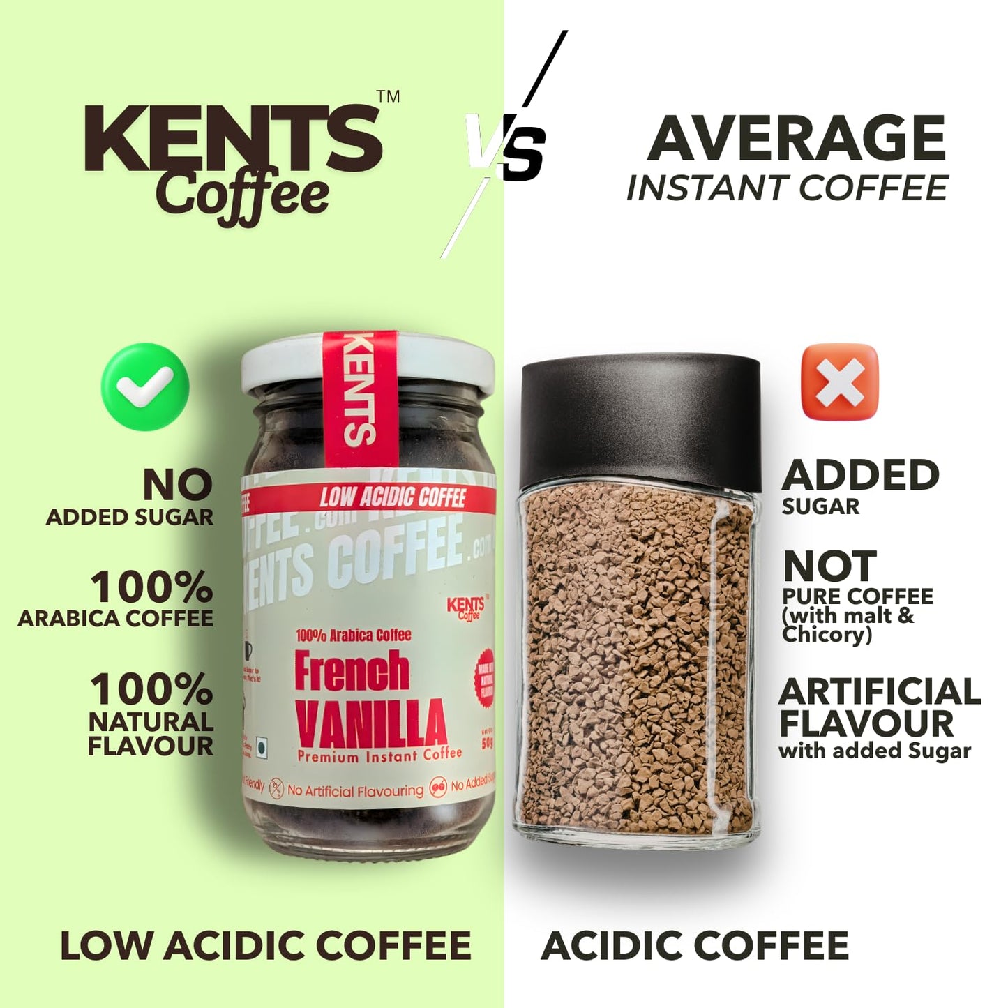 Kents Coffee French Vanilla Instant Coffee | 100% Arabica | LOW ACIDIC COFFEE | Serve HOT & COLD | Smooth & Aromatic Vanilla Flavoured Instant Coffee Powder | Natural Vanilla Beans | Chikmagalur | Medium Roast | No SUGAR | No Artifical Flavour