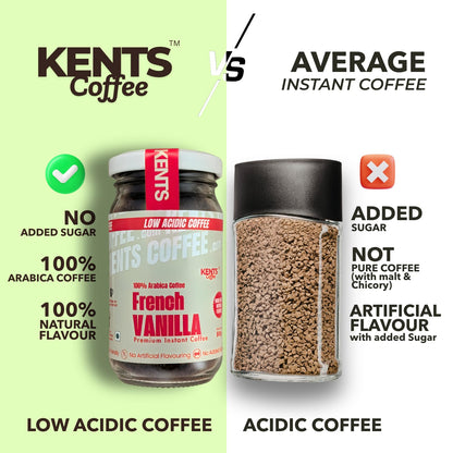 Kents Coffee French Vanilla Instant Coffee | 100% Arabica | LOW ACIDIC COFFEE | Serve HOT & COLD | Smooth & Aromatic Vanilla Flavoured Instant Coffee Powder | Natural Vanilla Beans | Chikmagalur | Medium Roast | No SUGAR | No Artifical Flavour