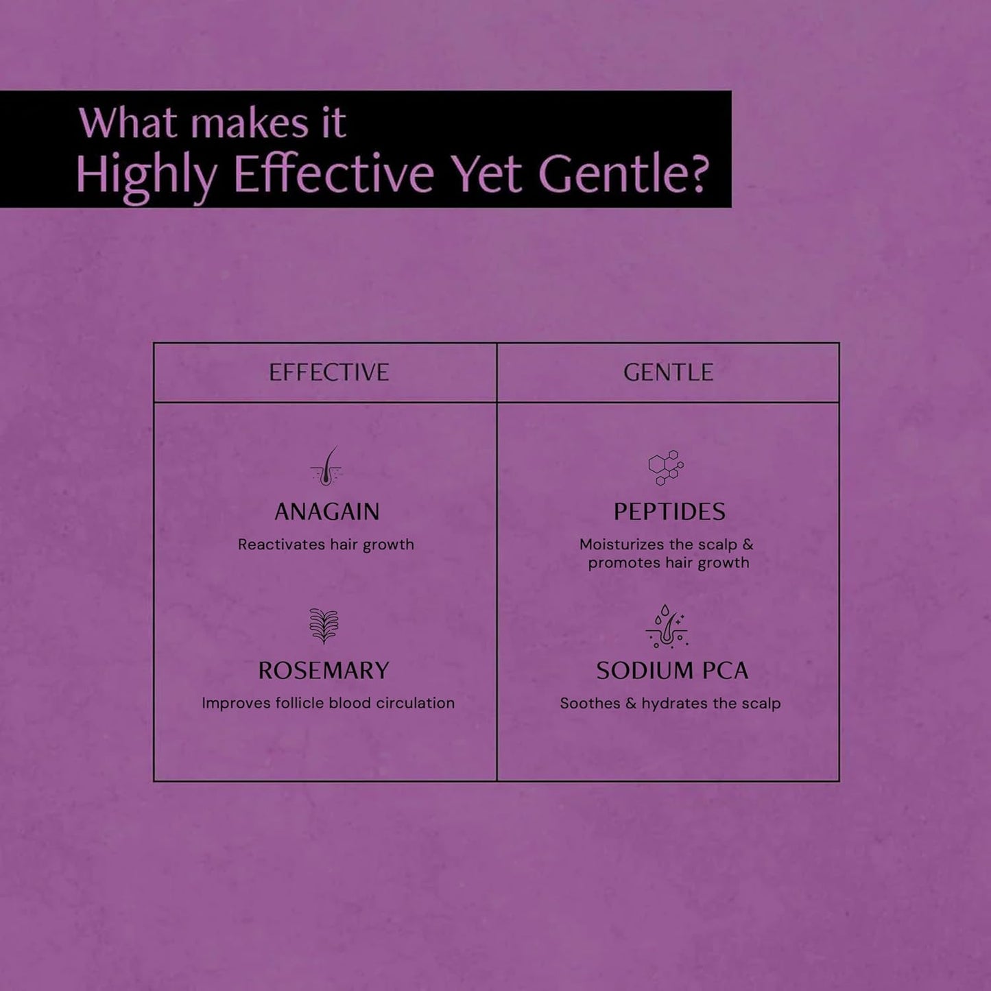 Purple background with text and icons about effective and gentle ingredients for hair care products.