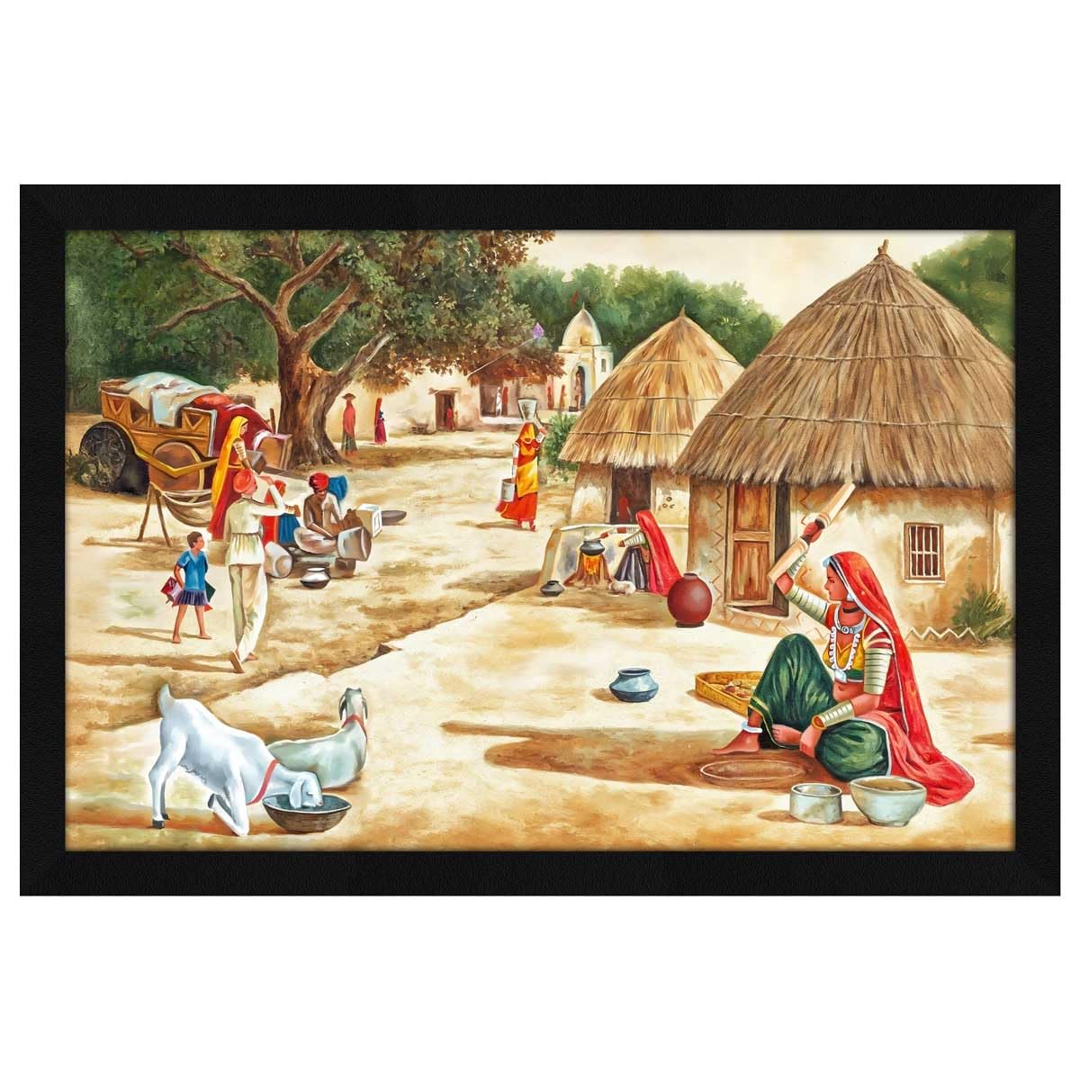 Village Scenery Painting Vastu Wall Art, For Living Room Bedroom, Multicolor, Nature, 18.0 X 12.0 inches, Set of 1
