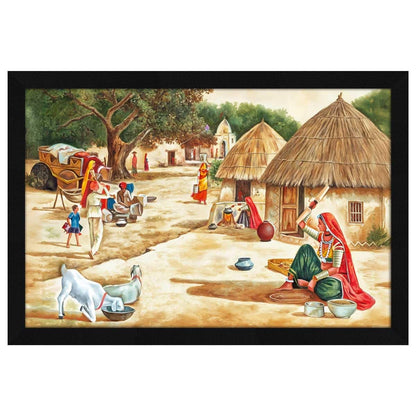 Village Scenery Painting Vastu Wall Art, For Living Room Bedroom, Multicolor, Nature, 18.0 X 12.0 inches, Set of 1
