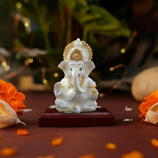 JOY LAND Lord Ganesha Car Dashboard Idol | White & Gold Ganesh Murti for Car Dashboard, Home & Office Decor (White Gold)