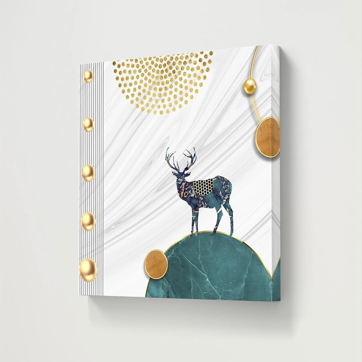 Modern Nordic Deer Wall Art Canvas Print, White Marble Background with Gold Accents, Teal and Gold Home Decor 16 Inch x 16 Inch CVS-38106