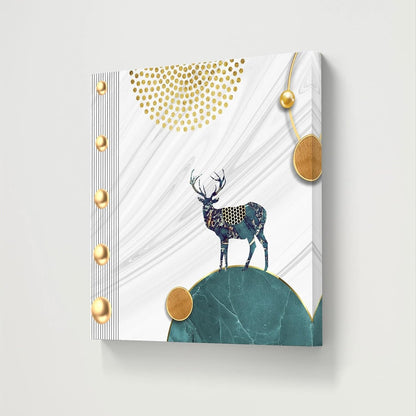 Modern Nordic Deer Wall Art Canvas Print, White Marble Background with Gold Accents, Teal and Gold Home Decor 16 Inch x 16 Inch CVS-38106