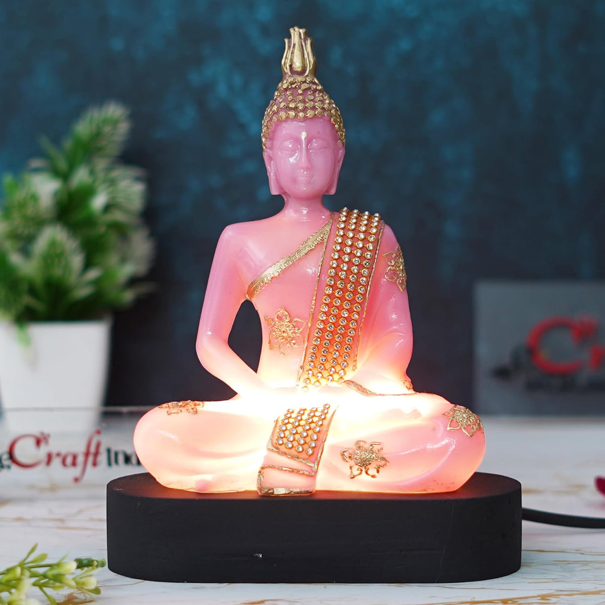 Pink and Golden Resin Handcrafted Meditating Lord Buddha Statue | Serene Home Decor for Living Rooms, Meditation Spaces, and Offices | Spiritual Gift for Diwali, Housewarming