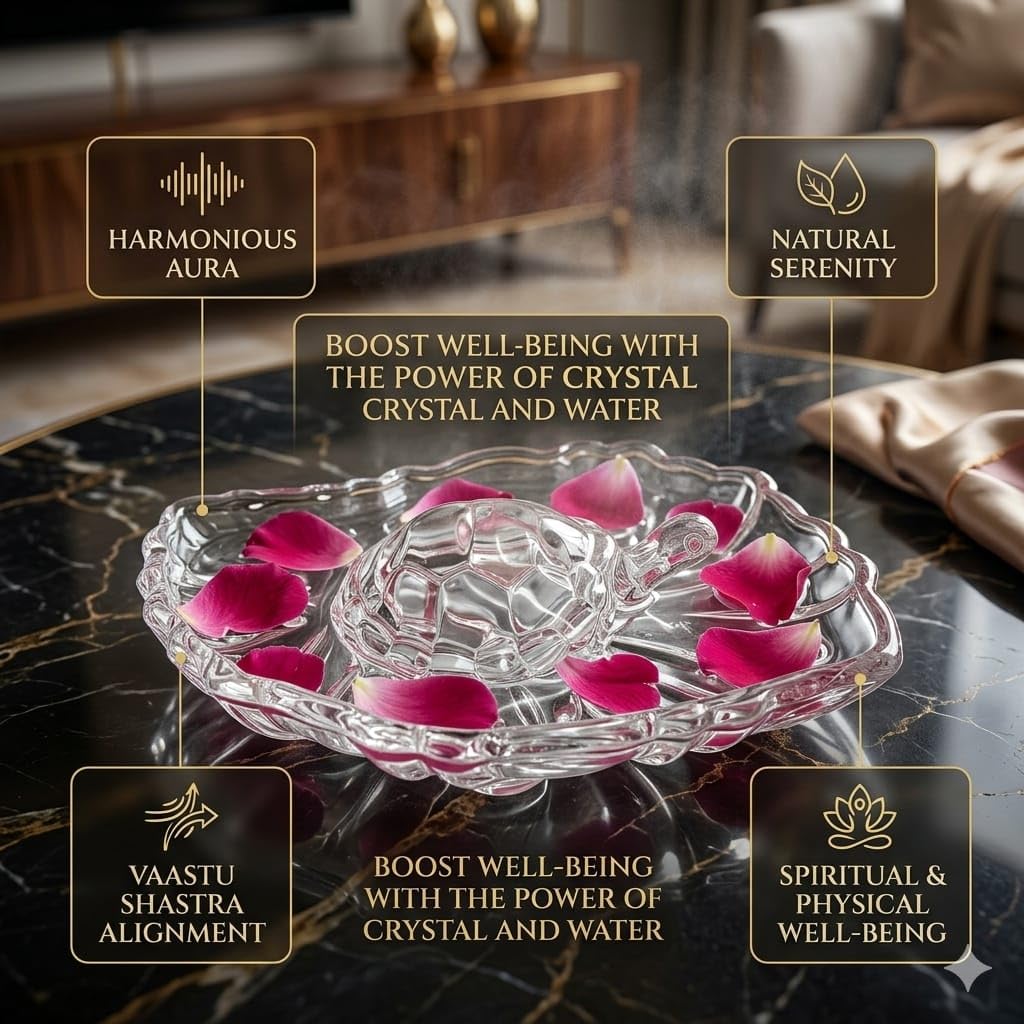 SAUDEEP INDIA Crystal Turtle with Leaf Tray for Home Decor | Vastu Feng Shui Tortoise with Plate for Good Luck | Wealth & Prosperity Table Accent | Gift for Home & Office-16x11x3 cm