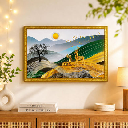 Wood 3D Golden Foil Modern Art Landscape With 2 Loving Deer Couple | Framed Painting | Ready To Hang - (Multicolor, 14 Inch X 20 Inch)