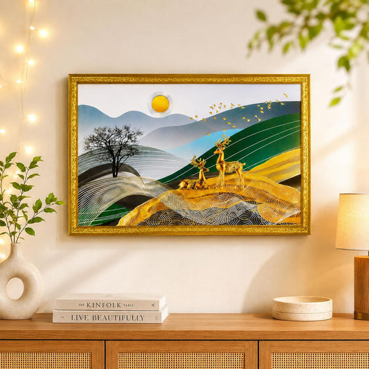 Wood 3D Golden Foil Modern Art Landscape With 2 Loving Deer Couple | Framed Painting | Ready To Hang - (Multicolor, 14 Inch X 20 Inch)
