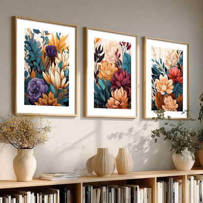 Floral Art Home Decoration Floral Paintings With Frame For Living Room Bed Room Hotel Wall Decor Digital Reprint Set of 3 (13x17 inch)