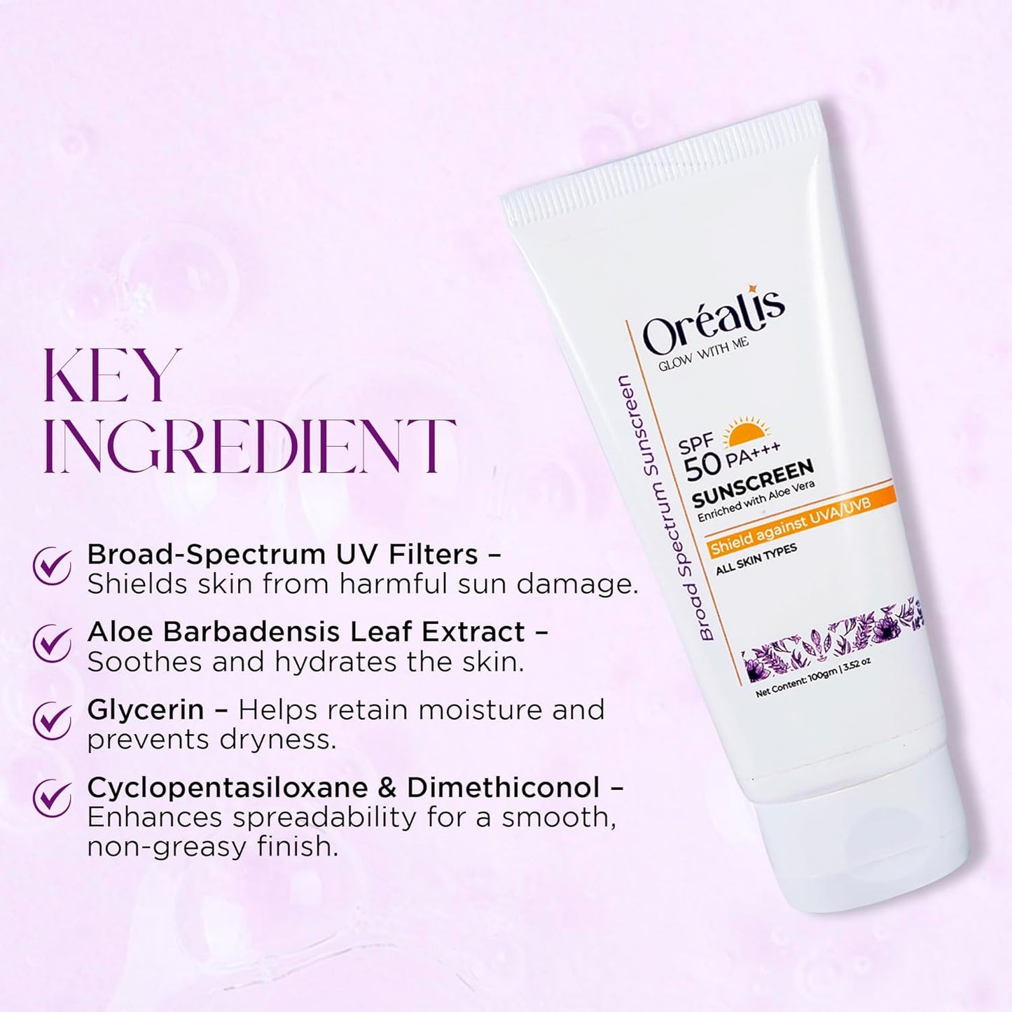 Oréalis Sunscreen Cream 100gm with UVA UVB PA+ Protection | Moisturizer with Aloe Vera | Broad Spectrum Lightweight Non-Greasy Face Sunscreen for All Skin Types Men & Women