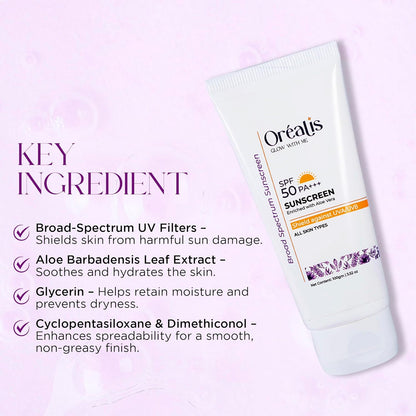 Oréalis Sunscreen Cream 100gm with UVA UVB PA+ Protection | Moisturizer with Aloe Vera | Broad Spectrum Lightweight Non-Greasy Face Sunscreen for All Skin Types Men & Women