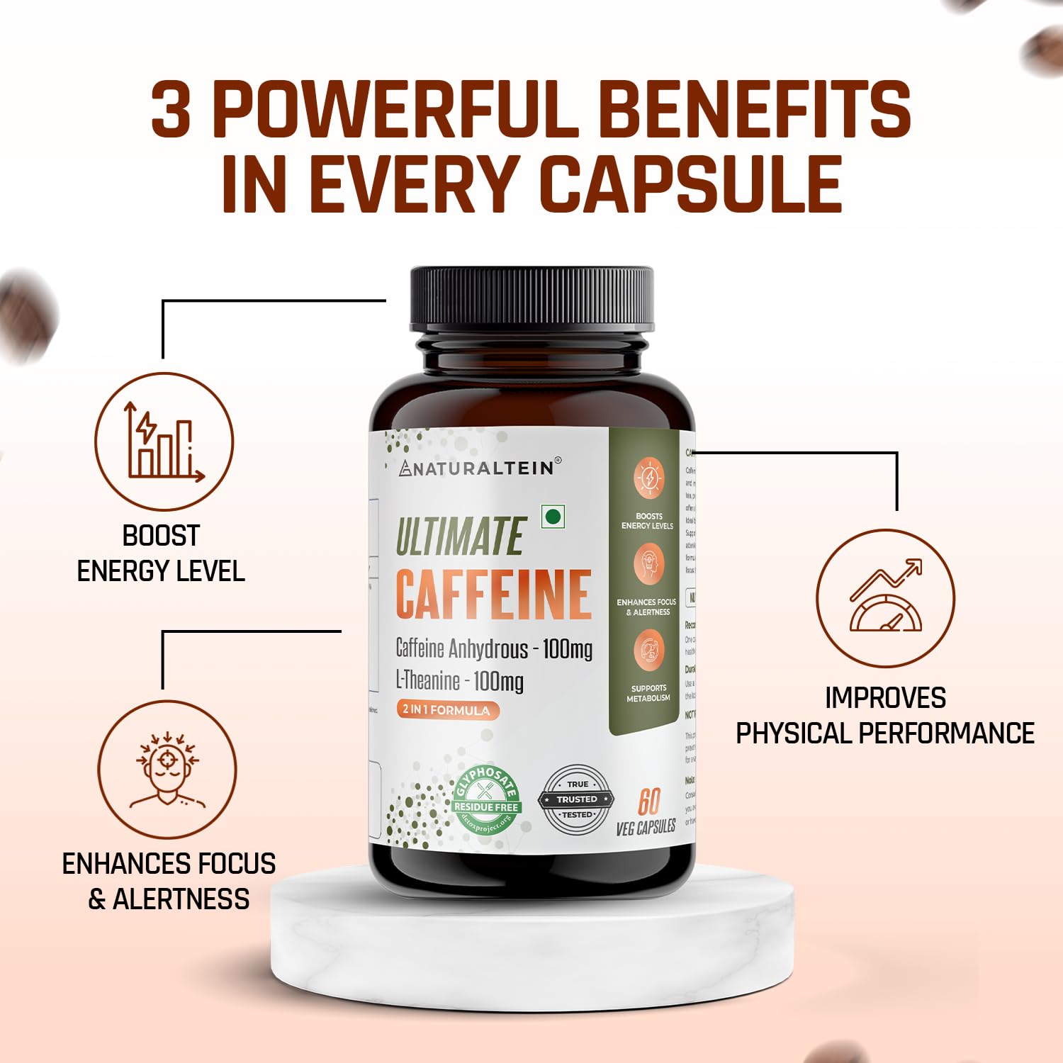 Bottle of Ultimate Caffeine supplement with benefits listed on a light pink background