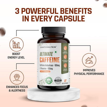 Bottle of Ultimate Caffeine supplement with benefits listed on a light pink background