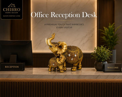 Decorative Elephant Showpiece for Home Décor | Resin Lucky Elephant Statue with Mother & Baby Design | Tabletop Feng Shui Good Luck Idol (Baby Elephant with Mother)