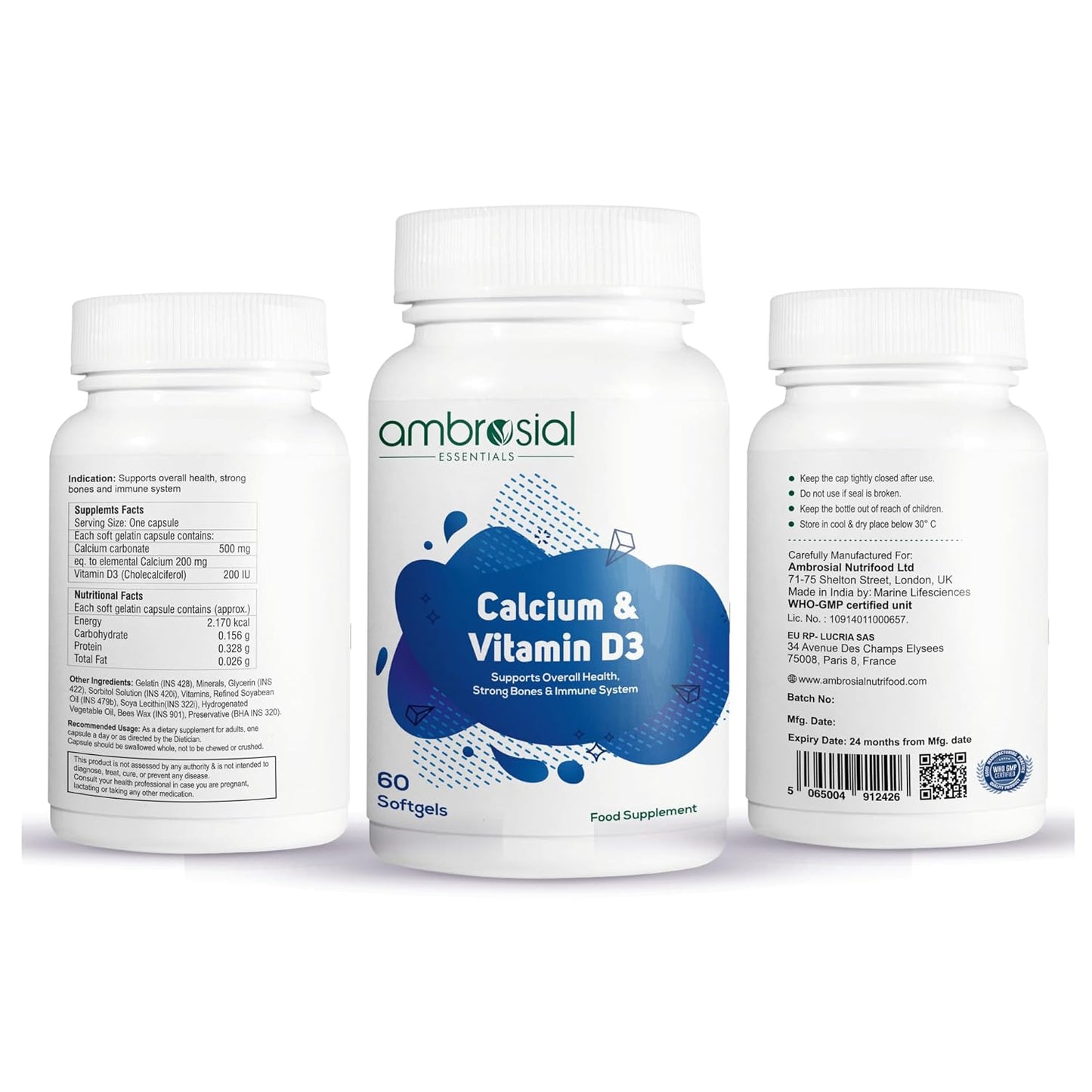 Three bottles of ambrosial Calcium & Vitamin D3 supplements on a white background