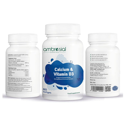 Three bottles of ambrosial Calcium & Vitamin D3 supplements on a white background