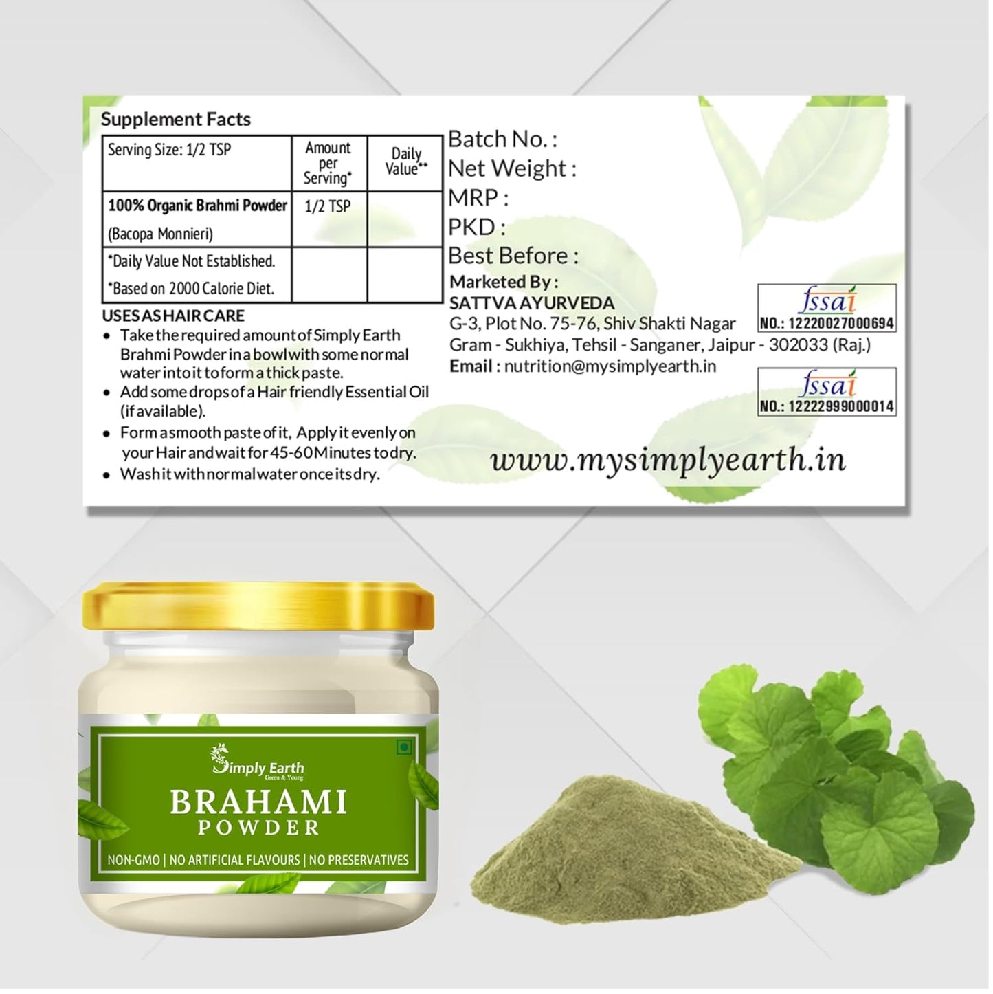 Simply Earth Organic Brahmi (Bacopa Monnieri) 100% Bio Organic Brahmi Leaves Powder for Hair Growth & Skin Care - 100GM