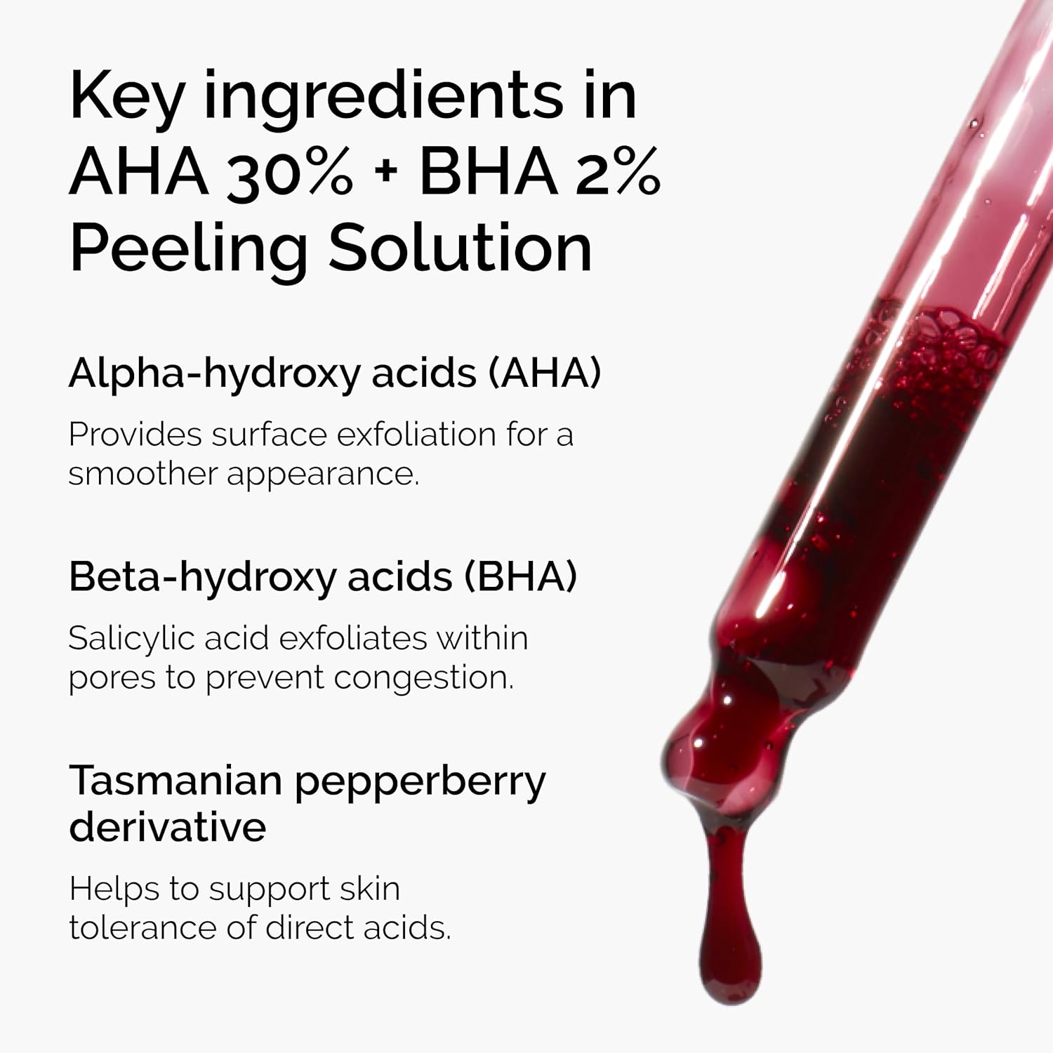 Peeling solution with key ingredients listed on a white background