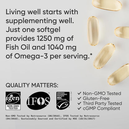 Fish oil supplement softgels with text about nutritional benefits and quality certifications on a light background.
