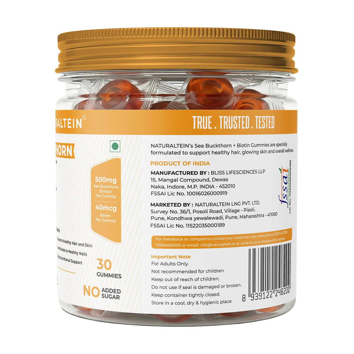 Jar of Naturtein Sea Buckthorn + Biotin Gummies with label on a white background