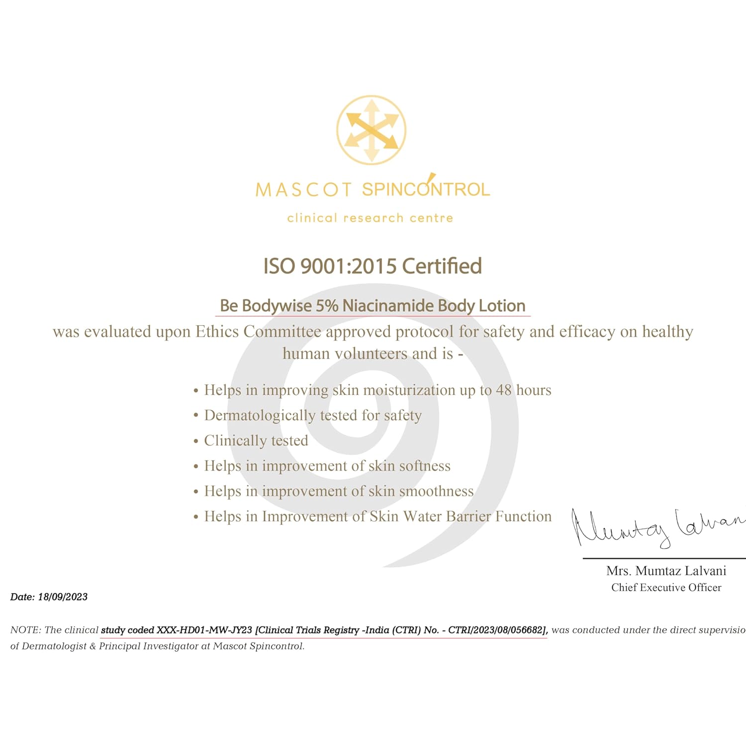 ISO 9001:2015 certified document for a skincare product with Mascot SpinControl logo.