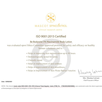 ISO 9001:2015 certified document for a skincare product with Mascot SpinControl logo.