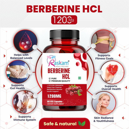 Raskam Berberine HCL supplement bottle with health benefits on a white background