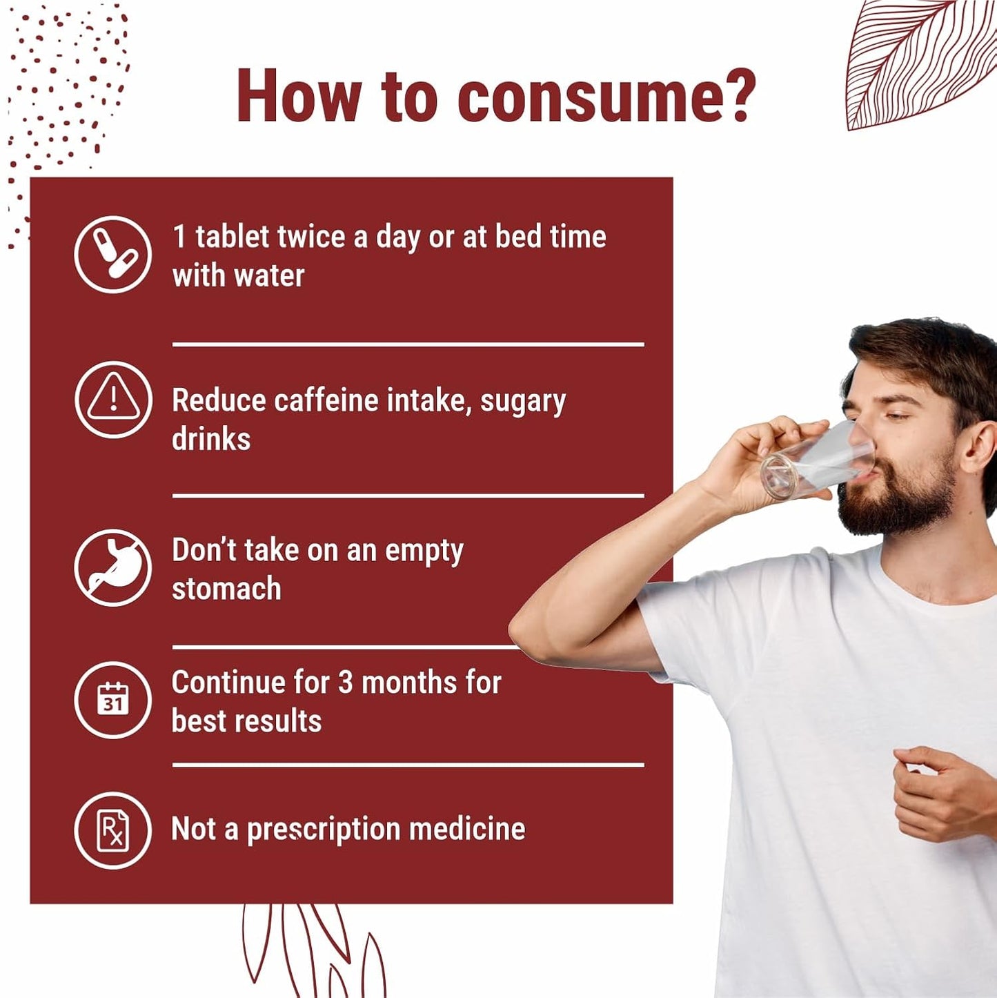 Man drinking water with consumption instructions on a red and white background