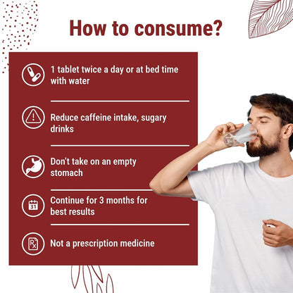 Man drinking water with consumption instructions on a red and white background