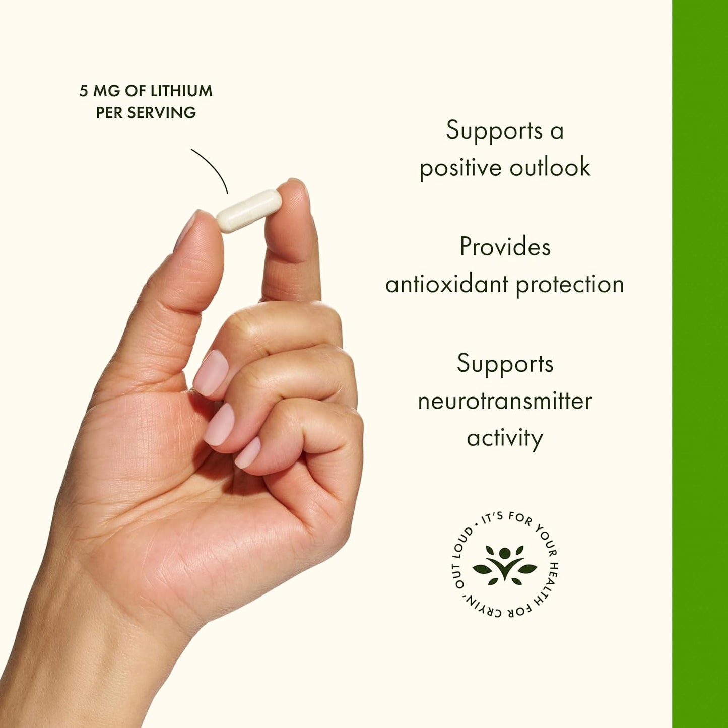 Hand holding a supplement capsule with text about its benefits on a white background