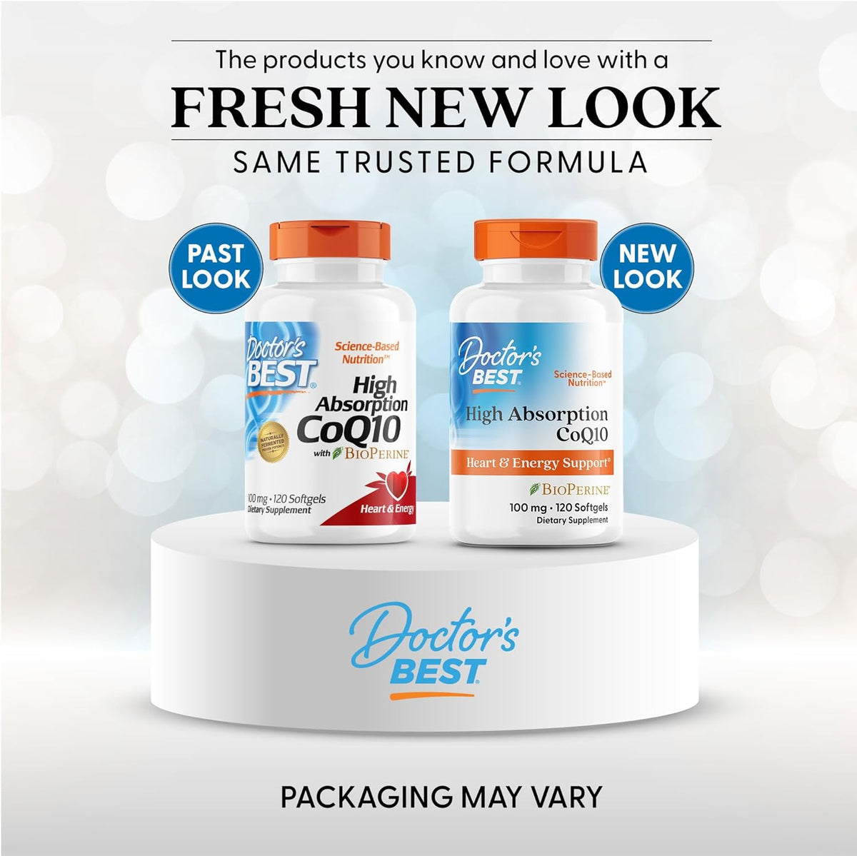 Two bottles of Doctor's Best High Absorption CoQ10 on a white platform with text about a fresh new look.