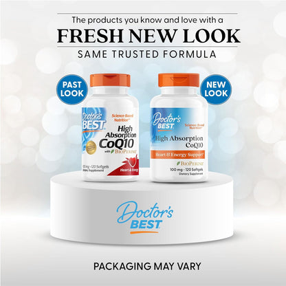 Two bottles of Doctor's Best High Absorption CoQ10 on a white platform with text about a fresh new look.