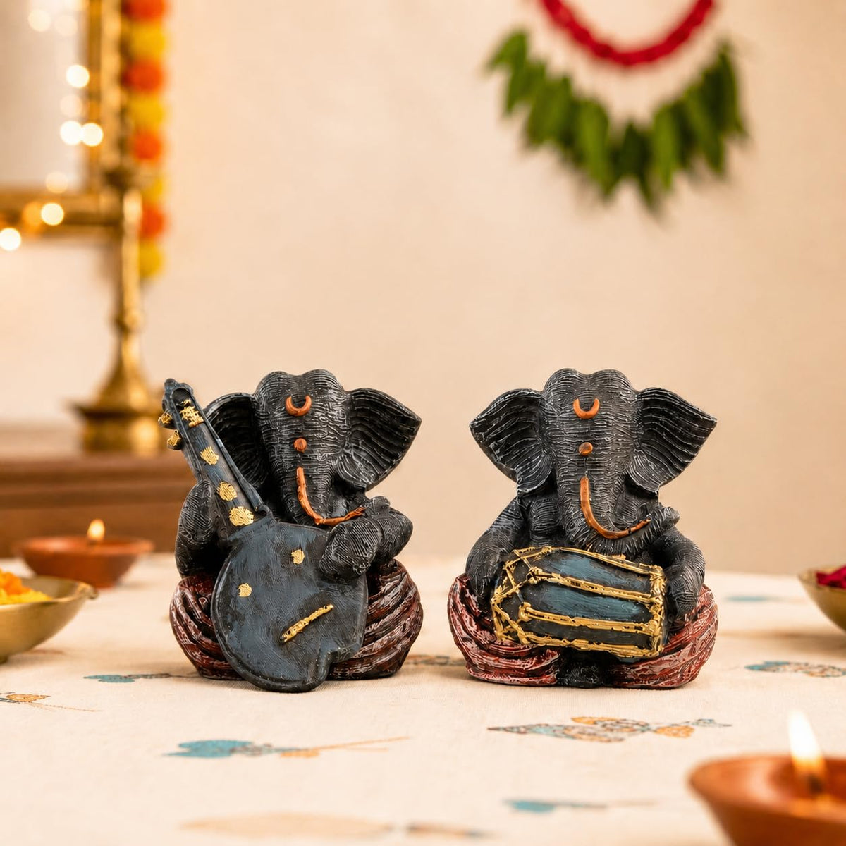 Resin Musical Ganesha Pair for Home Decor | Brings Prosperity - (Grey & Red, Pack of 2)