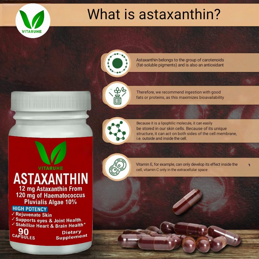 VITARUHE® Astaxanthin Supplement High Dose & Vegan, 12 mg Natural Astaxanthin Powder from Blood Rain Algae, 90 Capsules for 3 Months, No Additives