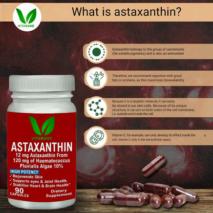 VITARUHE® Astaxanthin Supplement High Dose & Vegan, 12 mg Natural Astaxanthin Powder from Blood Rain Algae, 90 Capsules for 3 Months, No Additives
