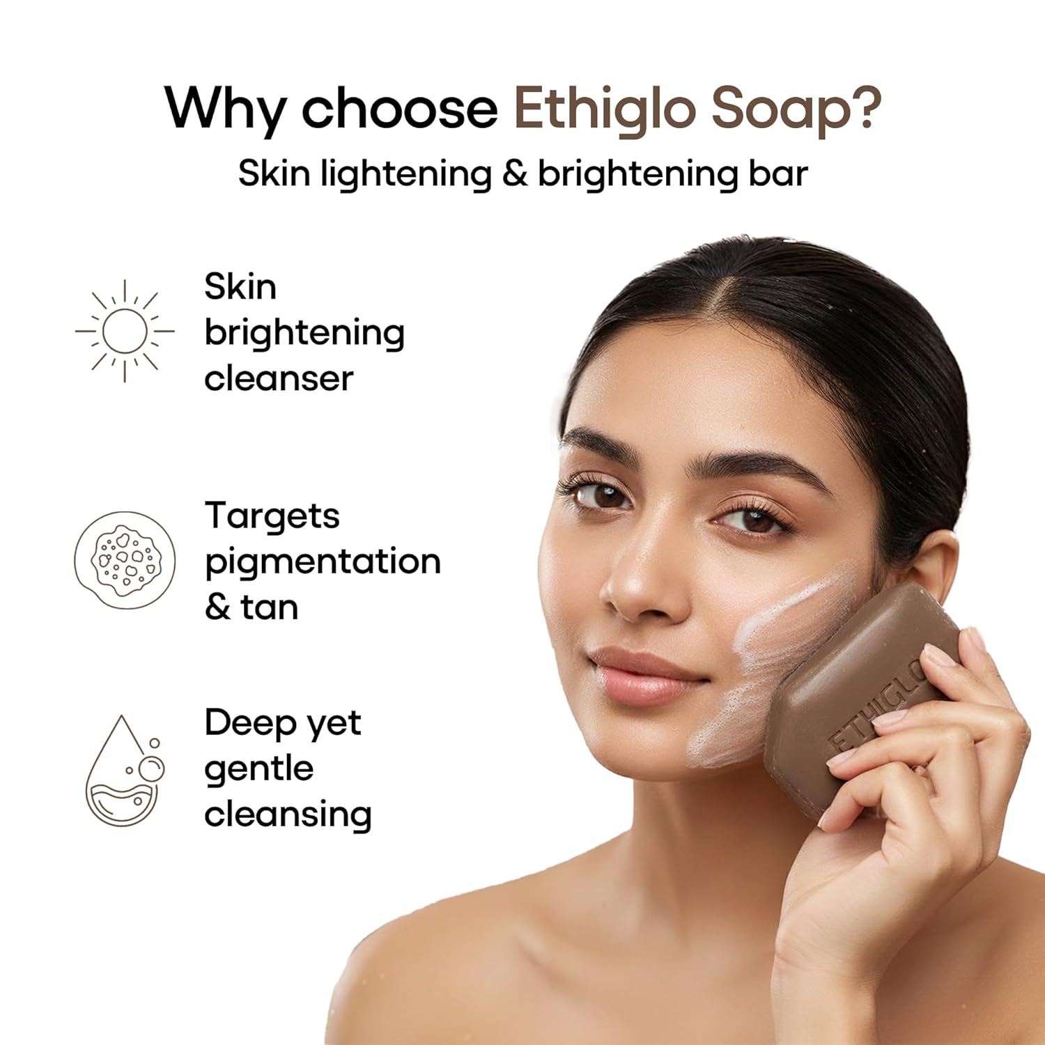 Woman using Ethiglo Soap on her face with product benefits listed.